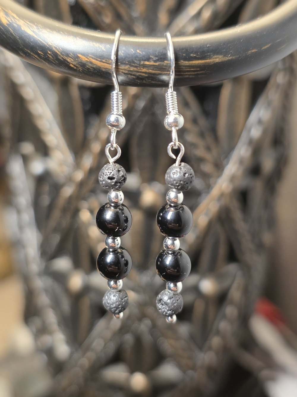 Shiny Onyx, Lava Stone, Sterling Solver Bead Drop Earrings